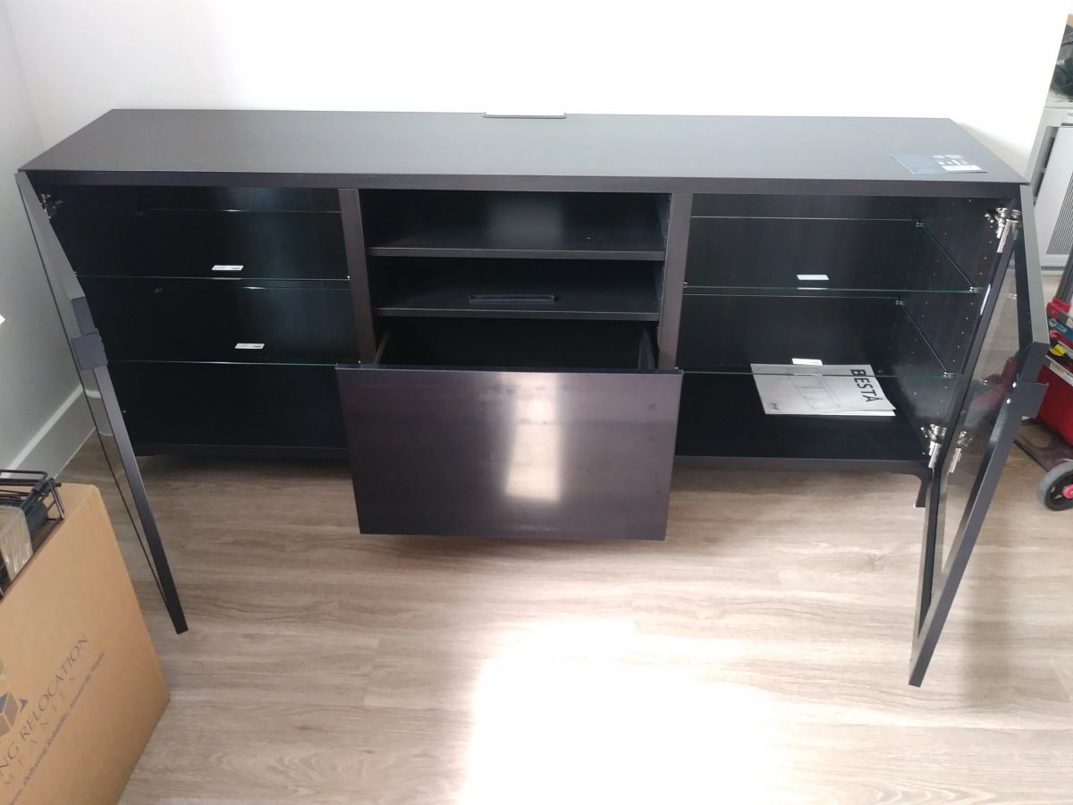 TV bench with a drawer, glass doors and glass shelves